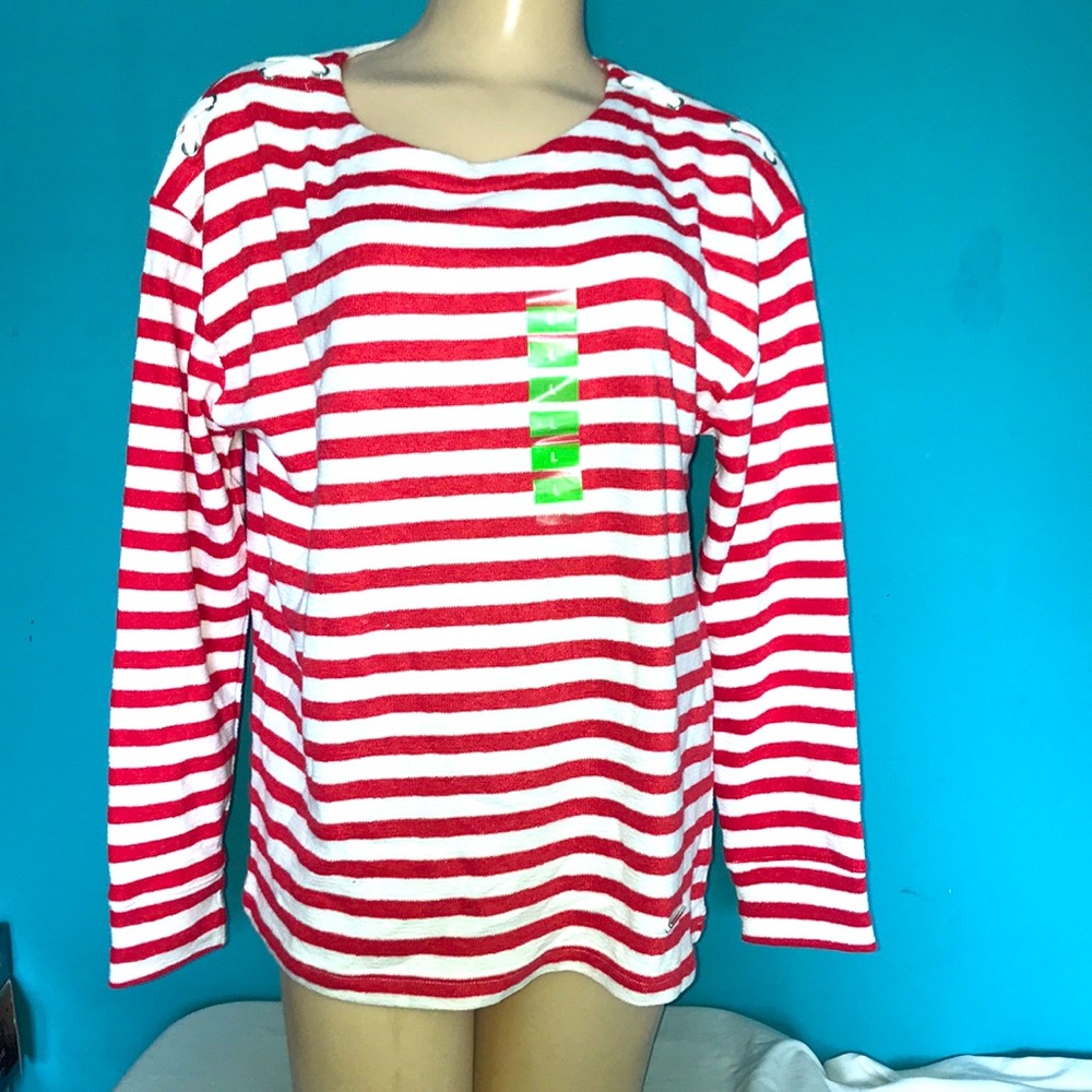 JNY Striped Boat Neck w/ Lace Up Shoulder Top